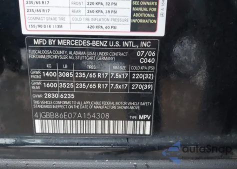 2007 Mercedes-Benz Ml 350 4Matic z USA, uszkodzony, nr VIN 4JGBB86E07A154308